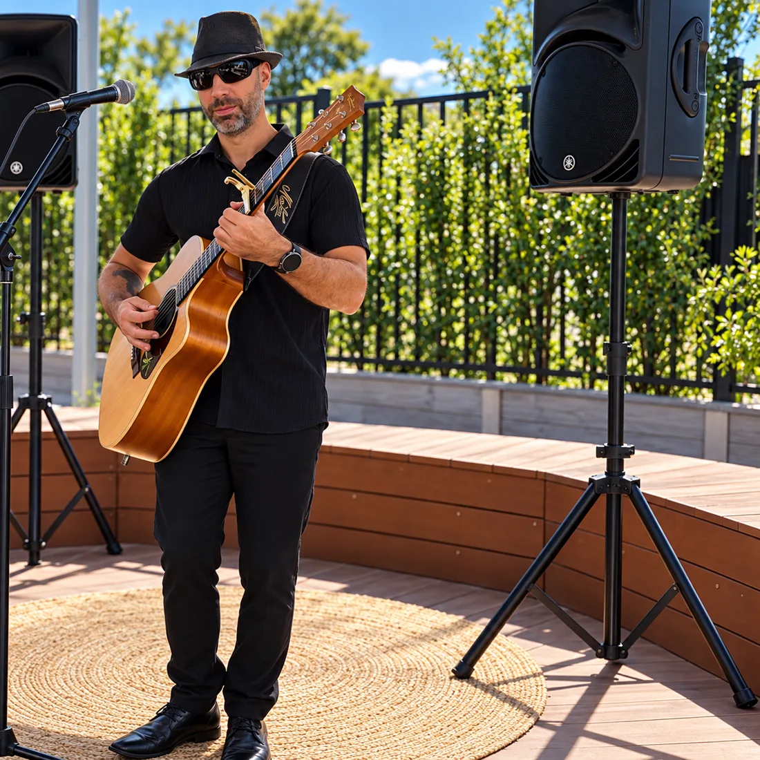 Dan playing acoustic guitar at an outdoor performance